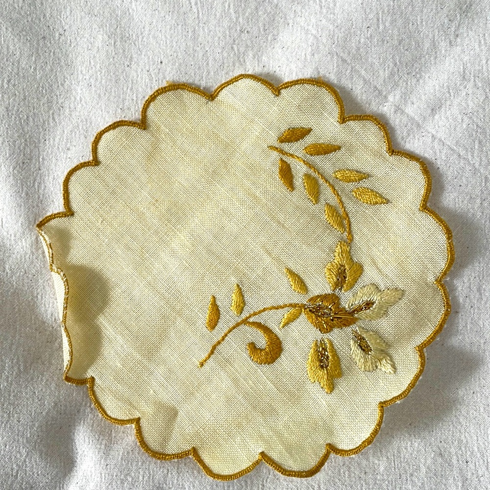Hand made Floral Embroidered Tablecloth Doily round cotton gold